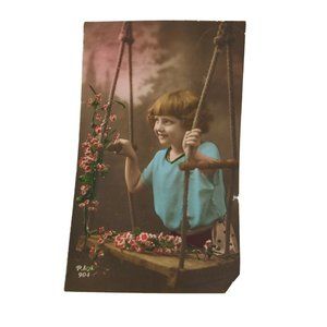 Vintage Real Photo Post Card Pretty Young Dutch Girl w/Flowers on a Swing 1916?